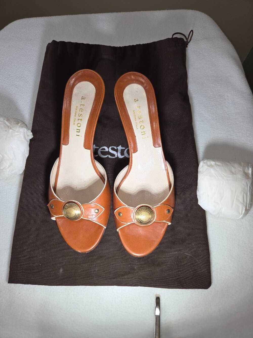 a. testoni Italian Leather Cognac Mule Heels Gold Medallion Box Dust Bag | 37.5